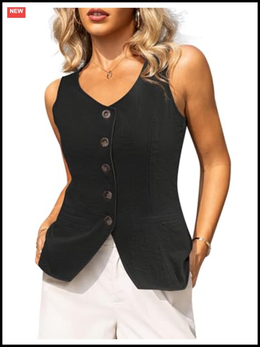 Sleeveless Blazer Vest Women Button Down Suit Vest Scoop Neck Lightweight